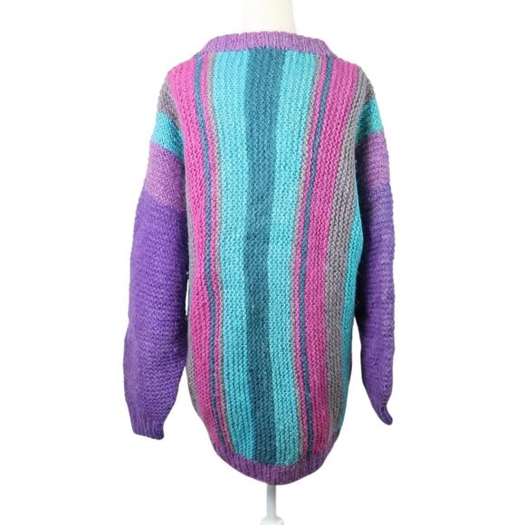 Vintage 80s/90s Purple and Blue Striped Wool Knit Crewneck Sweater L - Picture 4 of 4